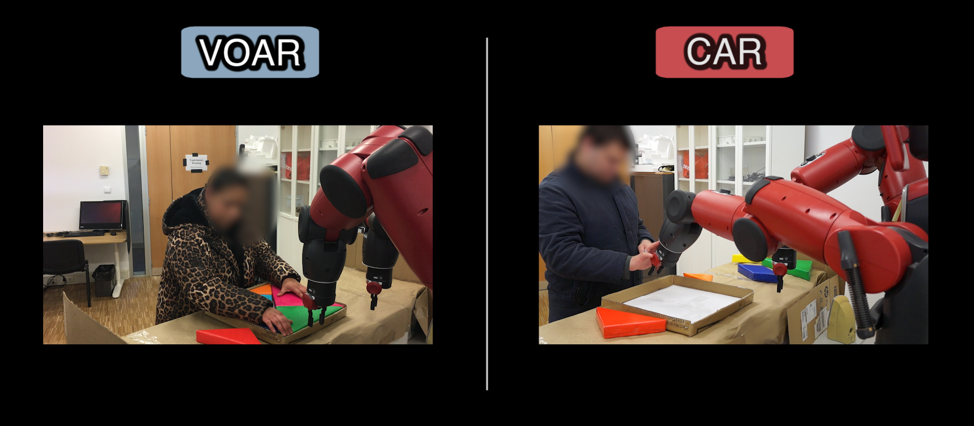 Two blind people doing a tagram puzzle with the help of a robot. One the robot is helping the user with its arms (Condition CAR); in the other the robot is still just providing audio instructions (Condition VOAR). 