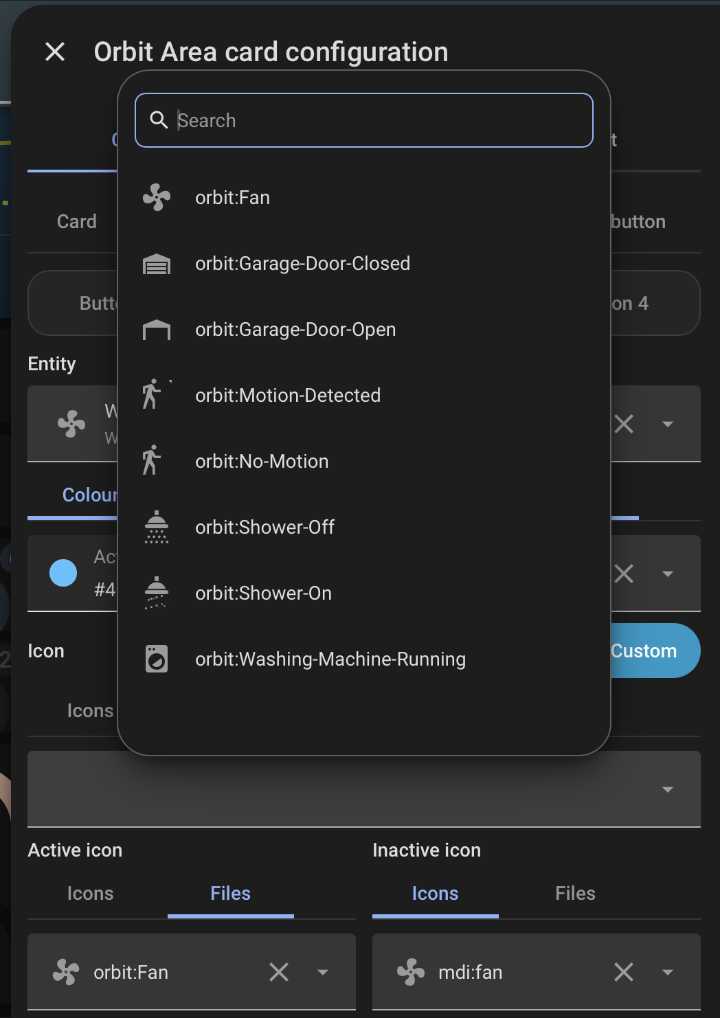Files icon picker list in dark theme