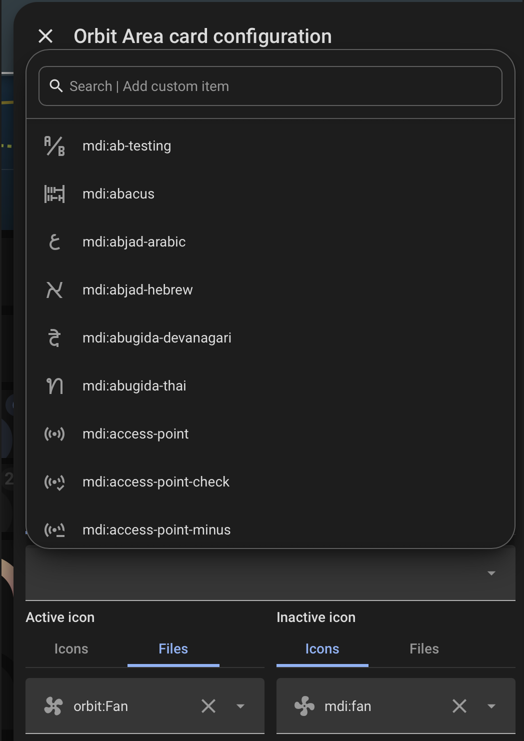 Material icon picker list in dark theme