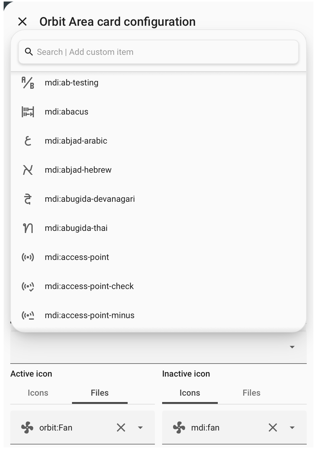 Material icon picker list in light theme