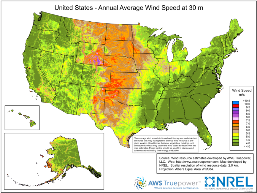 Wind Speed Potential Map of US