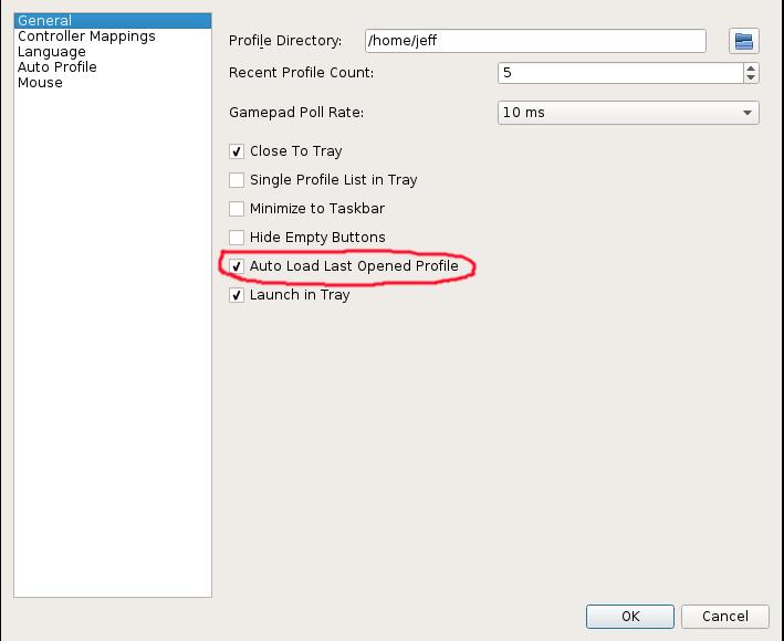 Snapshot of settings box illustrating enabling of auto load last profile.