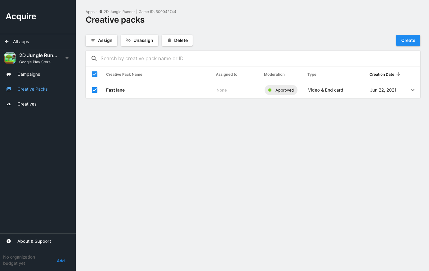Creatives Assign creative pack page