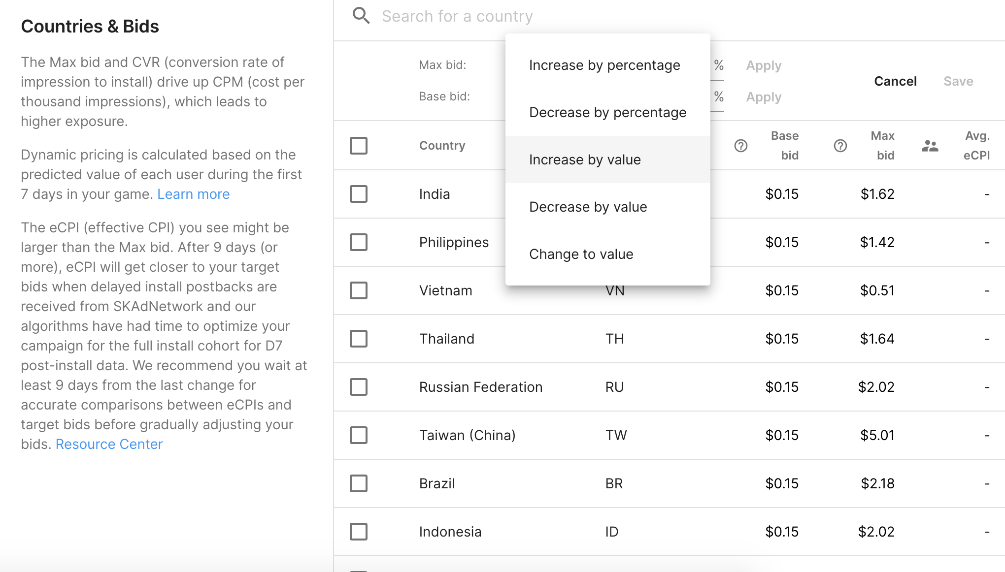 Countries and bids bulk changes to retention campaigns