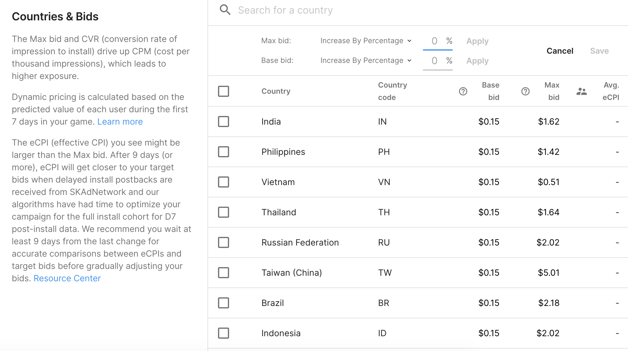 Countries and bids for retention campaigns edit values
