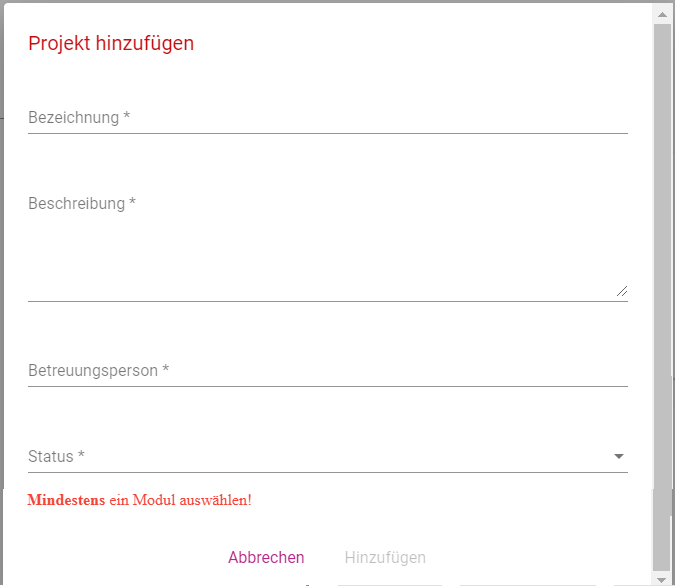Projekt-Hinzufügen-Komponente