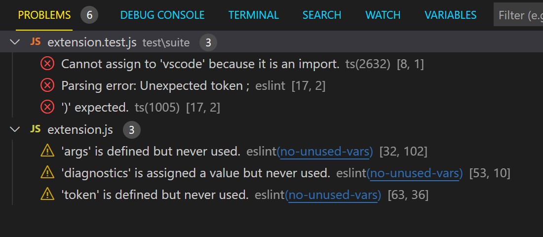 default problems view in vscode