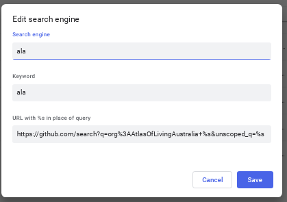 Screenshot of how to configure a ALA github repos searcher in chrome
