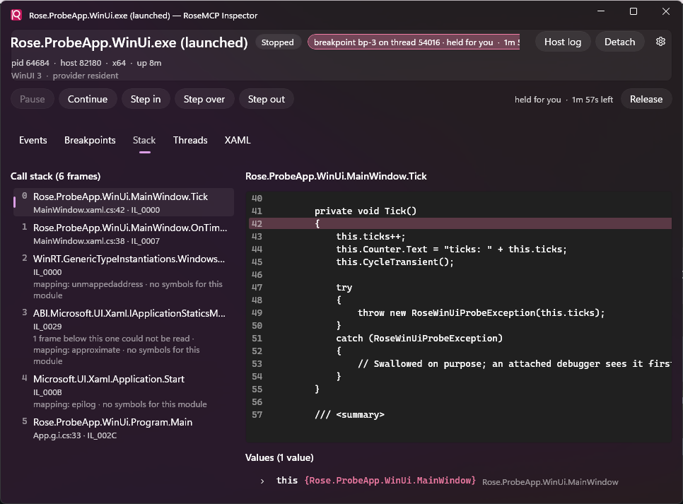 The Stack tab at a breakpoint: frames, source with the current line, and the values in scope