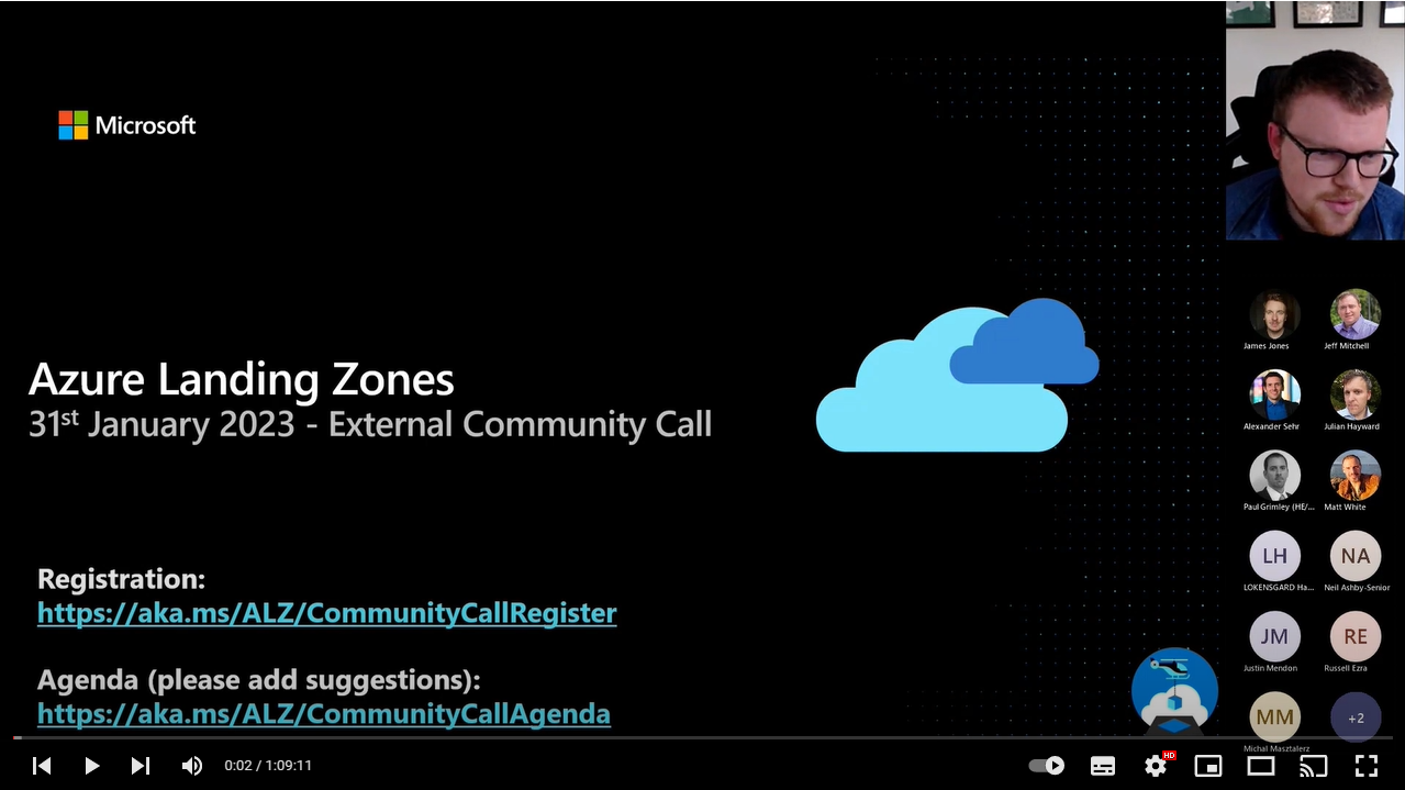 Screenshot of Azure Landing Zones Community Call from January 2023 recording on YouTube