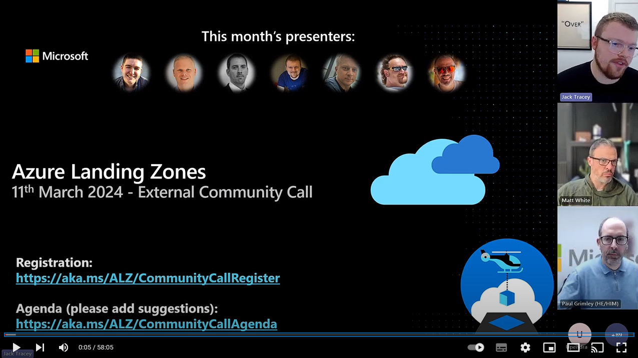 Screenshot of Azure Landing Zones Community Call from March 2024 recording on YouTube