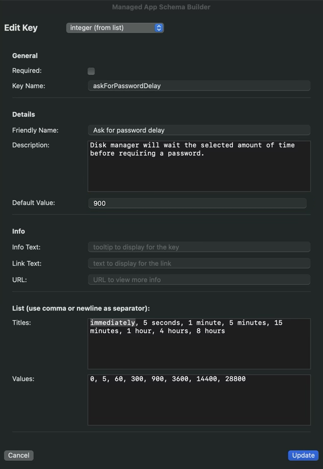 Managed App Schema Builder app window for new key