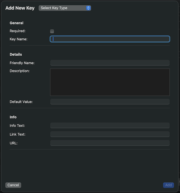 Managed App Schema Builder app window for new key