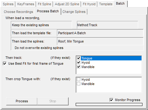 Image showing the Process Batch sub-tab with only Tongue selected for tracking