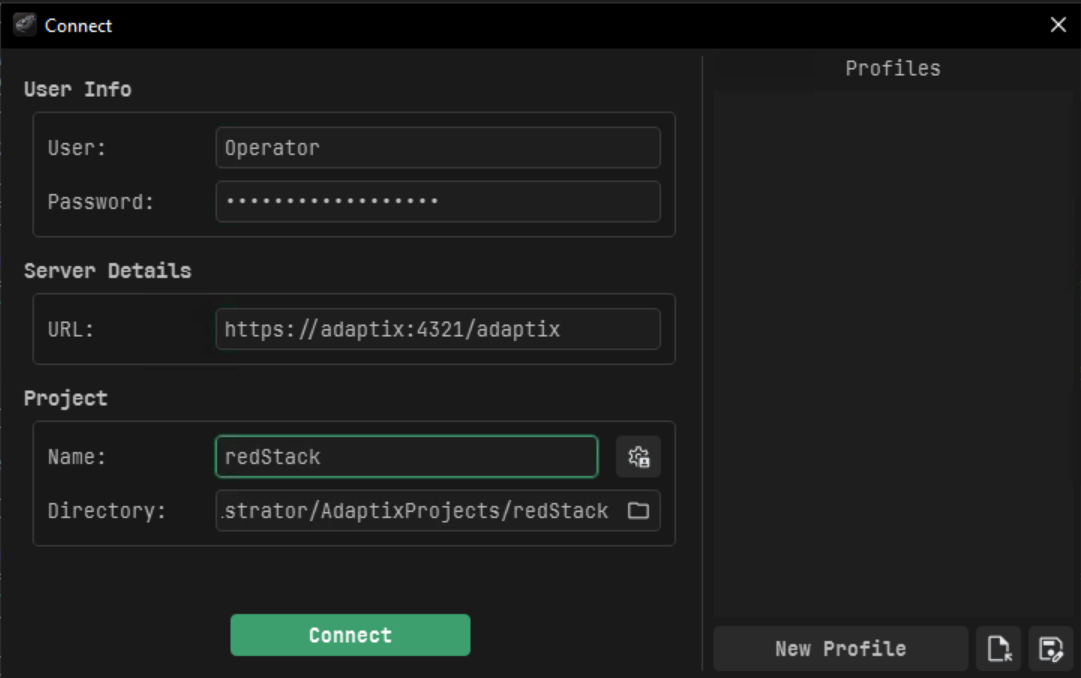 AdaptixClient Connect dialog with User, Password, URL, and Project Name