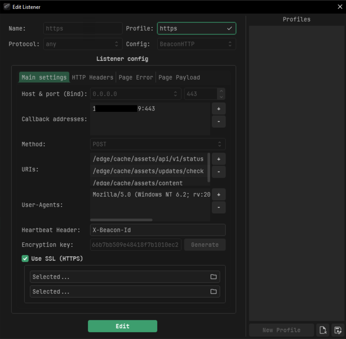 AdaptixClient Create Listener dialog set to BeaconHTTP with redStack presets
