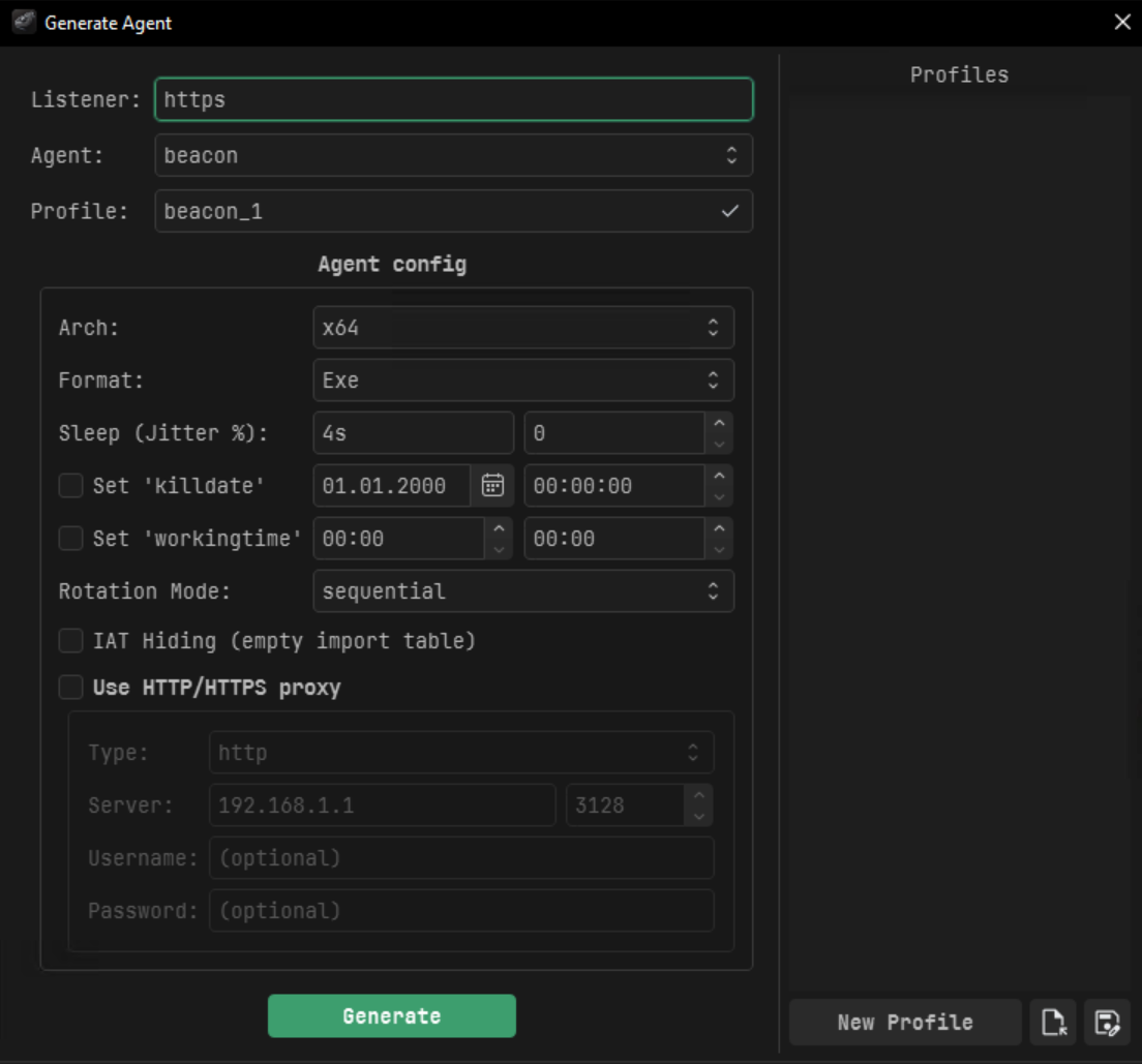 AdaptixClient Generate Agent dialog with beacon, x64, Exe