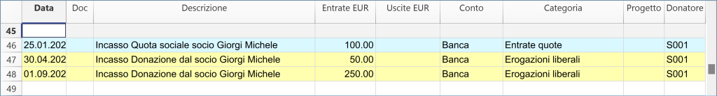 Registrazioni incasso quote e donazioni socio