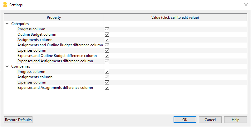 Constructions settings dialog