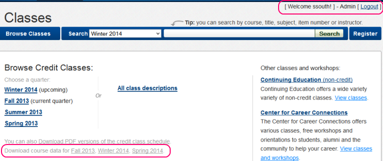 Screenshot of Class Schedule with file export links displayed for logged-in Admin user