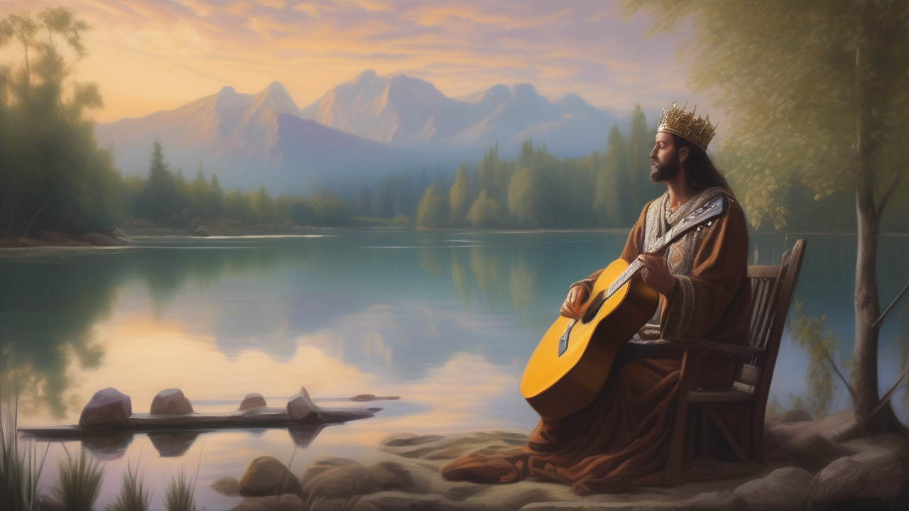 426_Behold a noble king in the throes of skillfully strumming the guitar surrounded by the tranquil waters of a serene lake, envisioned in the style of an oil painting.png