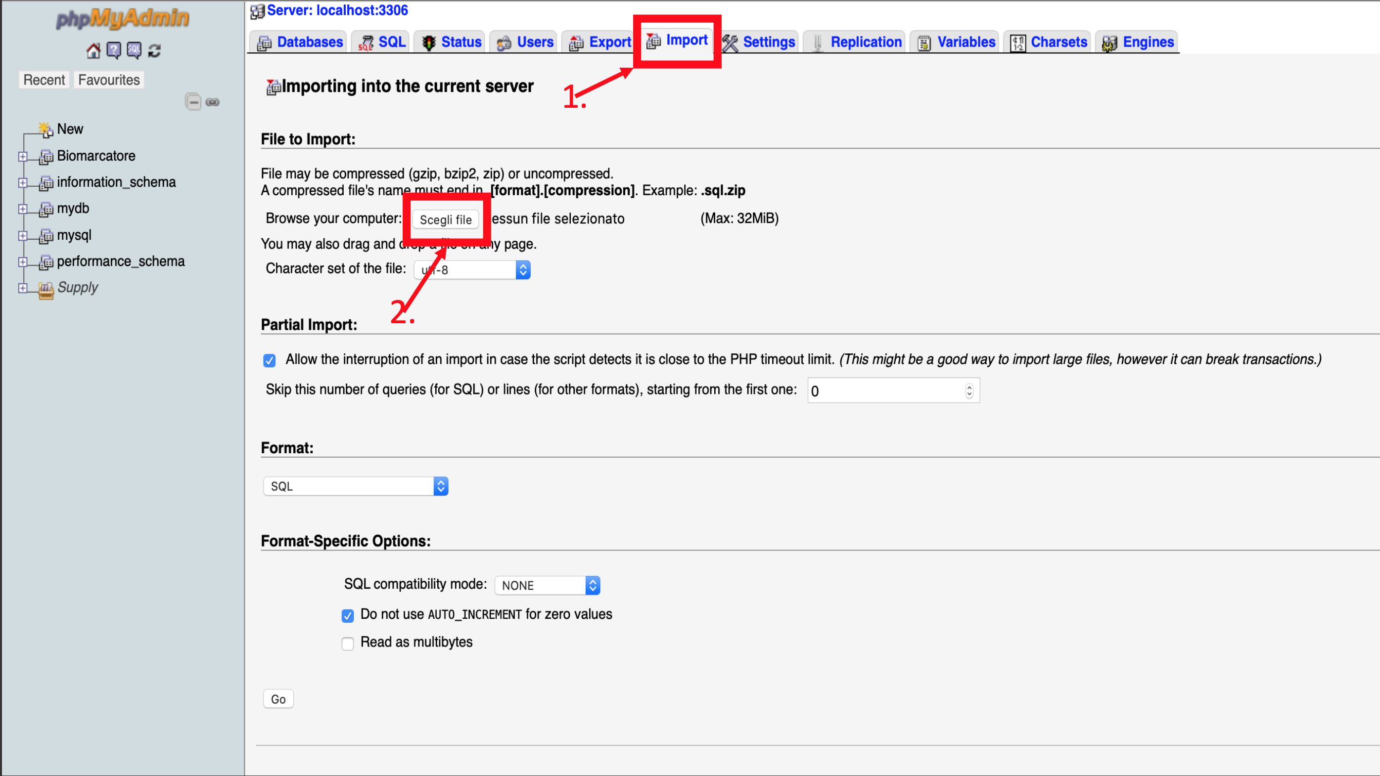 phpMyAdmin import database for CBRA.