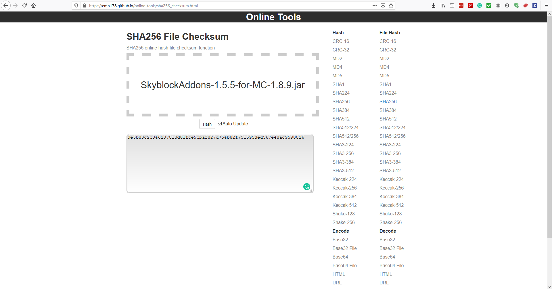 Screenshot of the online file hash tool after it has calculated a file hash for SkyblockAddons v1.5.5