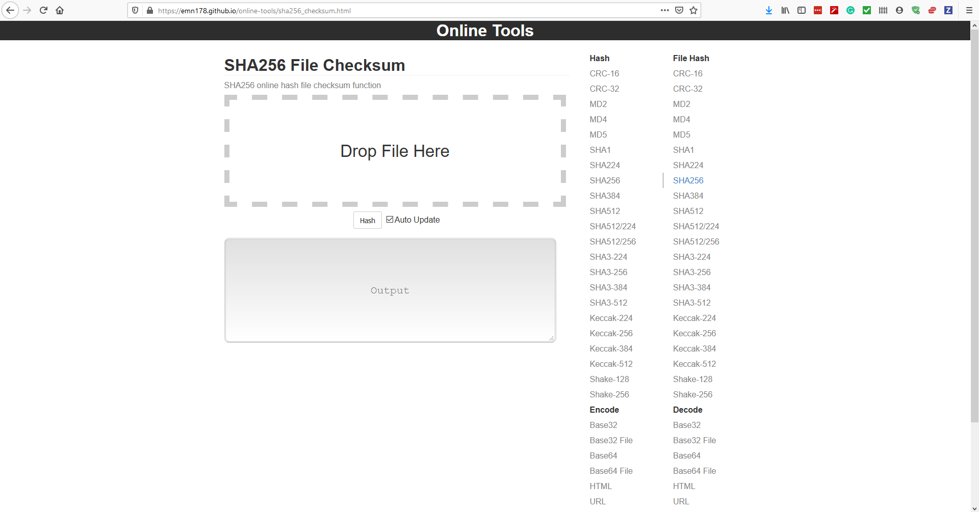 Screenshot of the online file hash tool