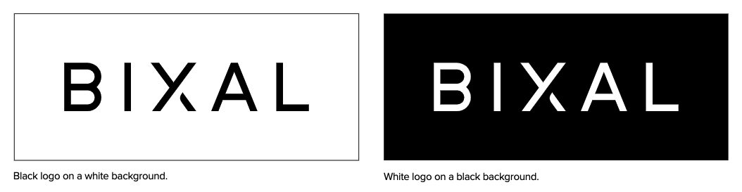 Example showing the Bixal logo with black text set against a white background and the white text logo set against a black background.