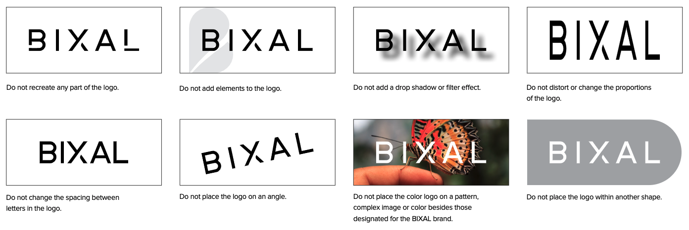 Examples showing incorrect usage of the Bixal logo.