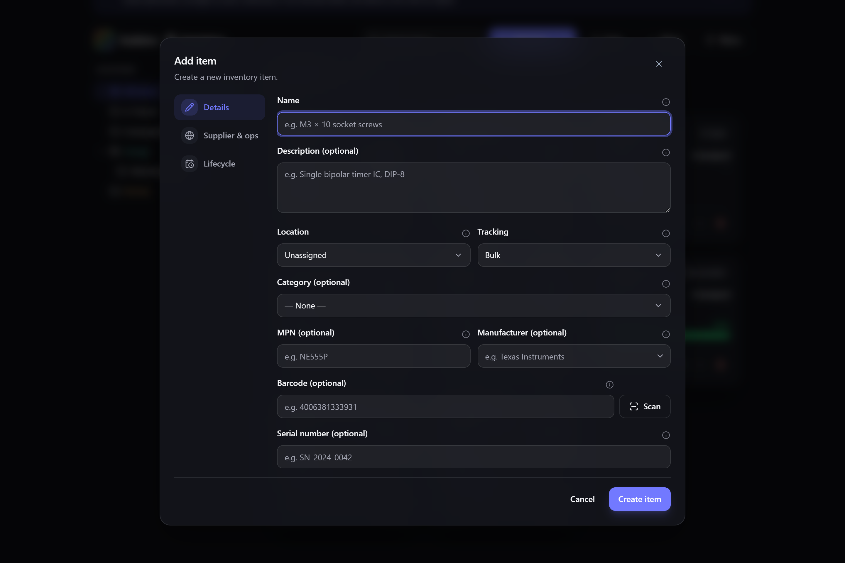 The Add item dialog, with a name and a tracking mode