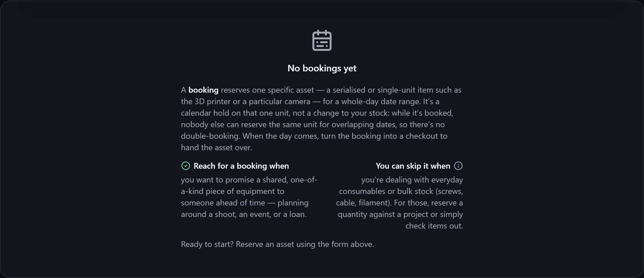 The Bookings screen explaining when to reserve an asset
