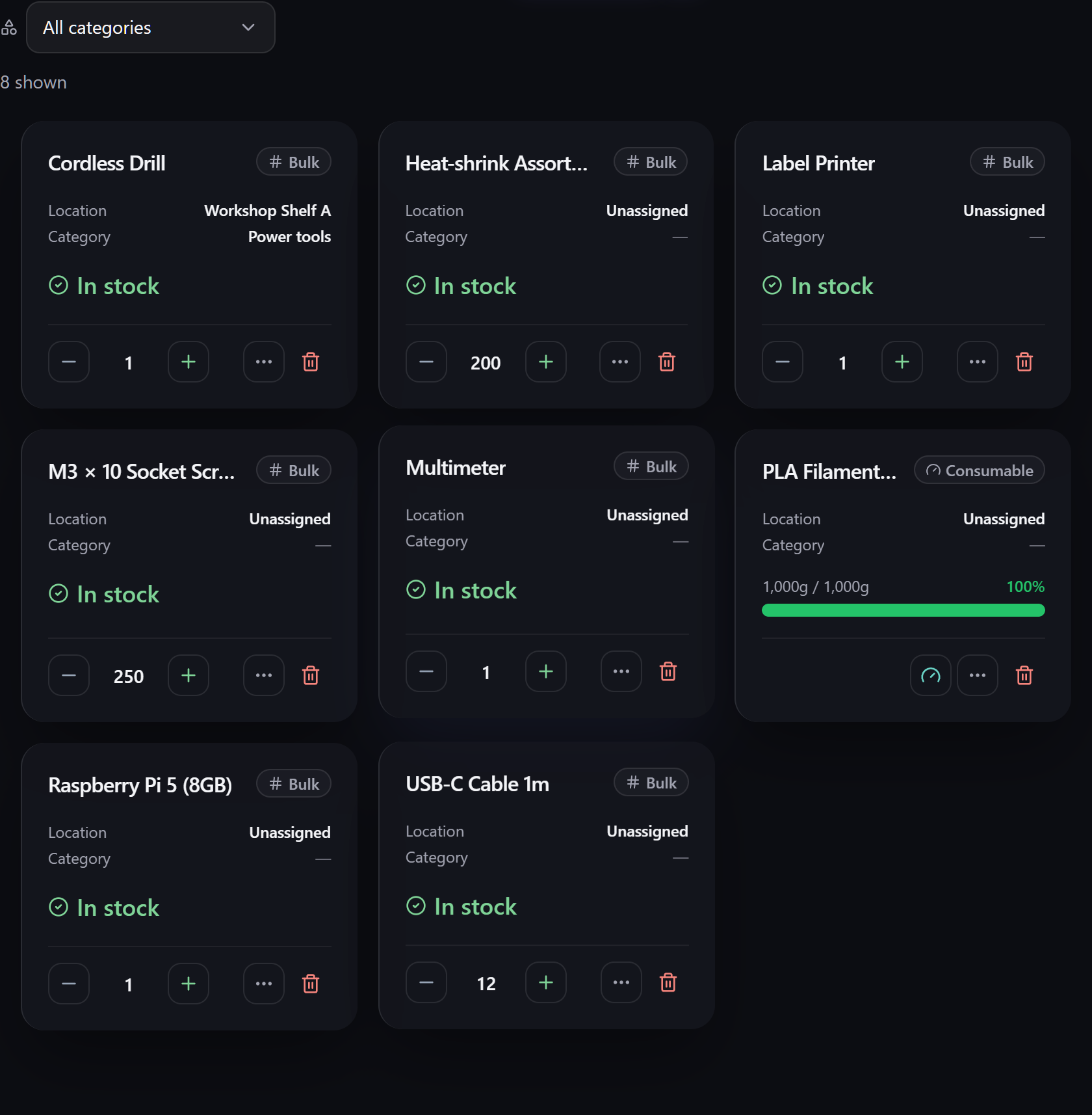 The inventory workspace, showing item cards