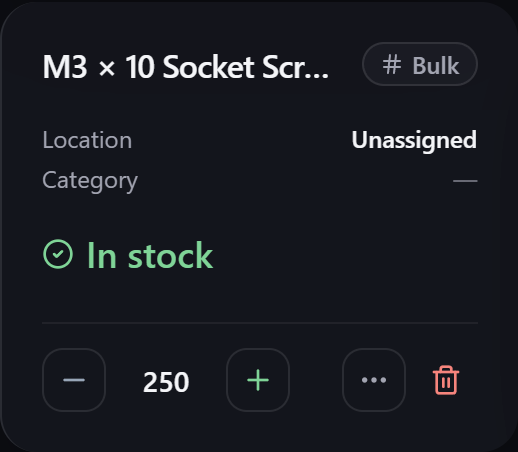 An item card showing its stock status