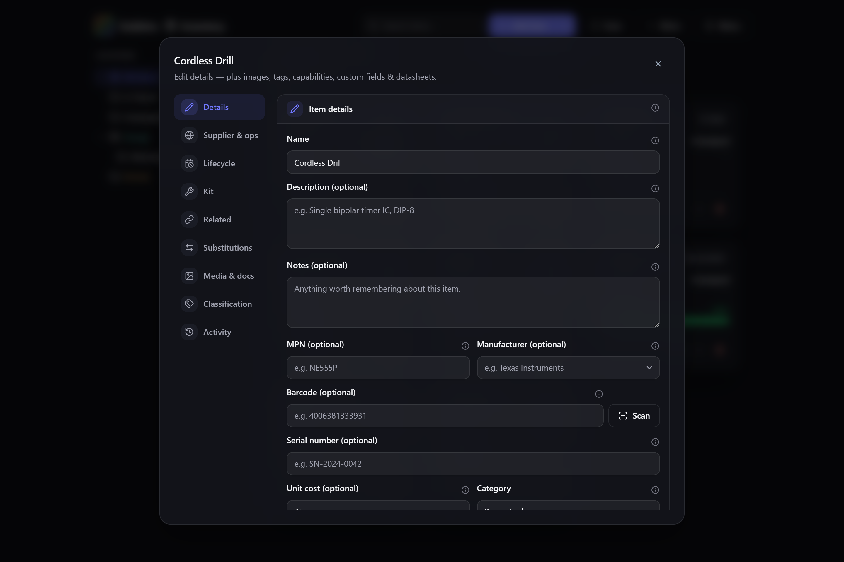 The item detail dialog, whose tabs hold tags, media and relationships