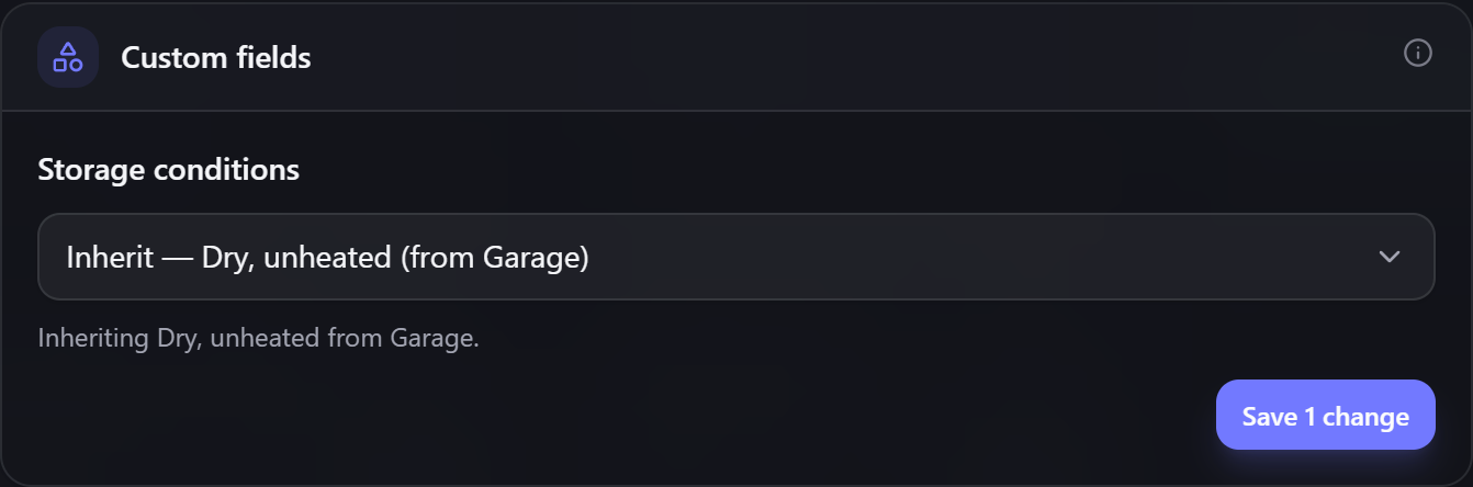 An item's Custom fields section, with the Storage conditions field set to inherit "Dry, unheated" from the Garage