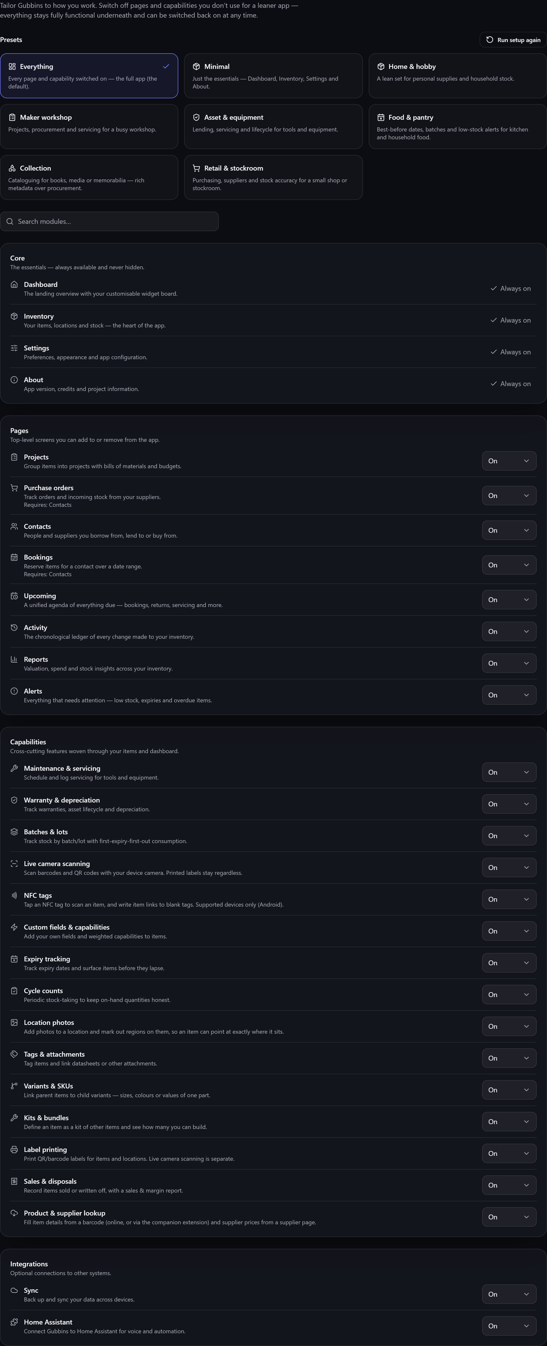 The Modules screen: presets and the full list of pages and capabilities