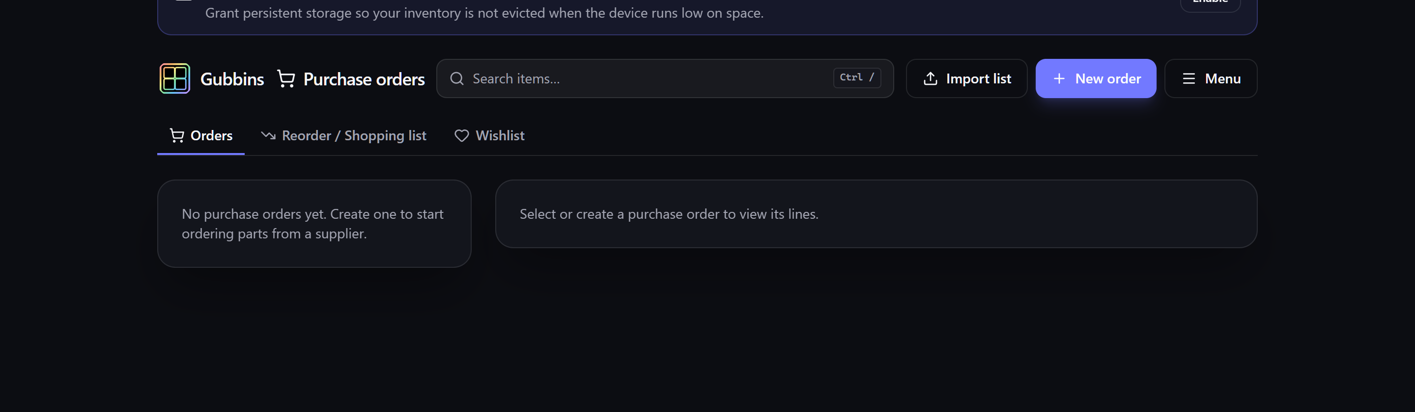 The Purchase orders screen, with its Orders, Reorder and Wishlist tabs