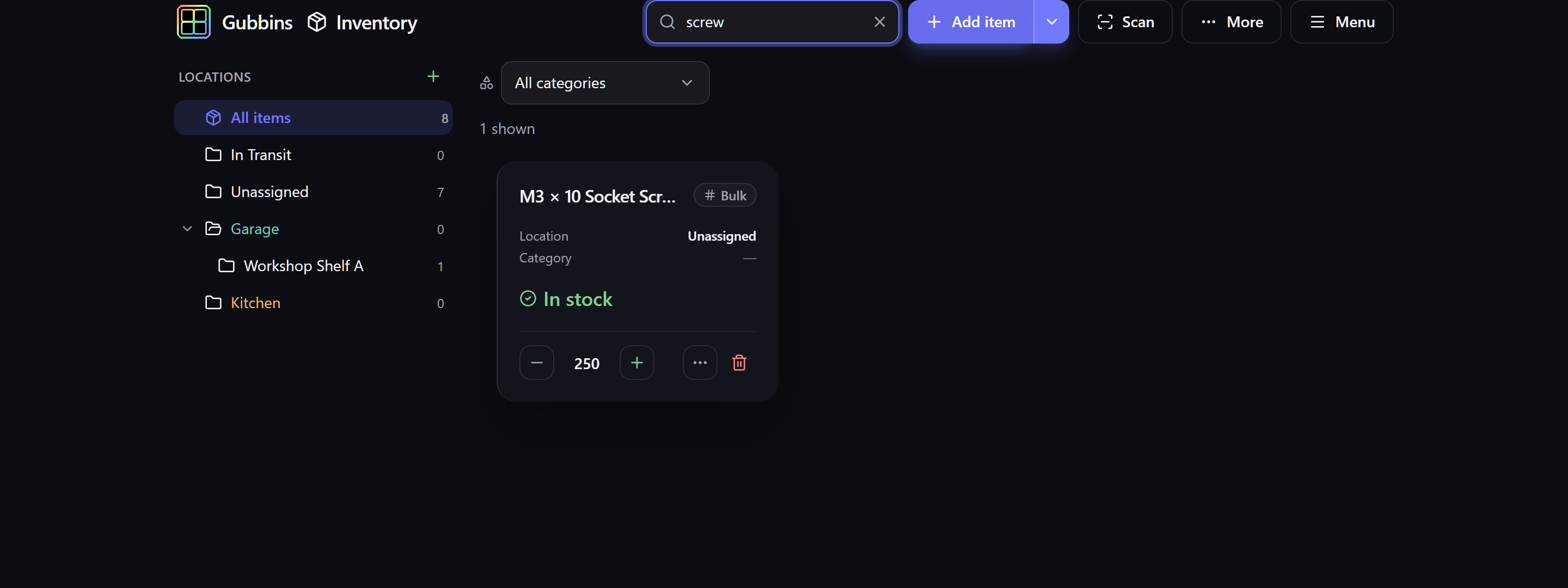 The inventory filtered by a quick search
