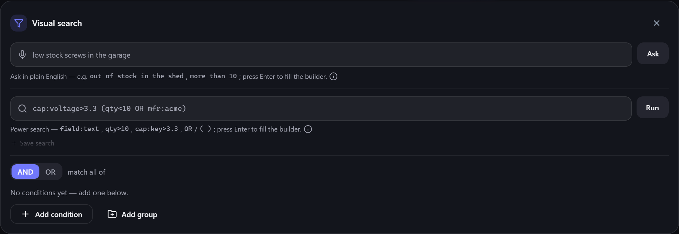 The Visual search panel: plain-English box, text-query box, and the AND/OR condition group