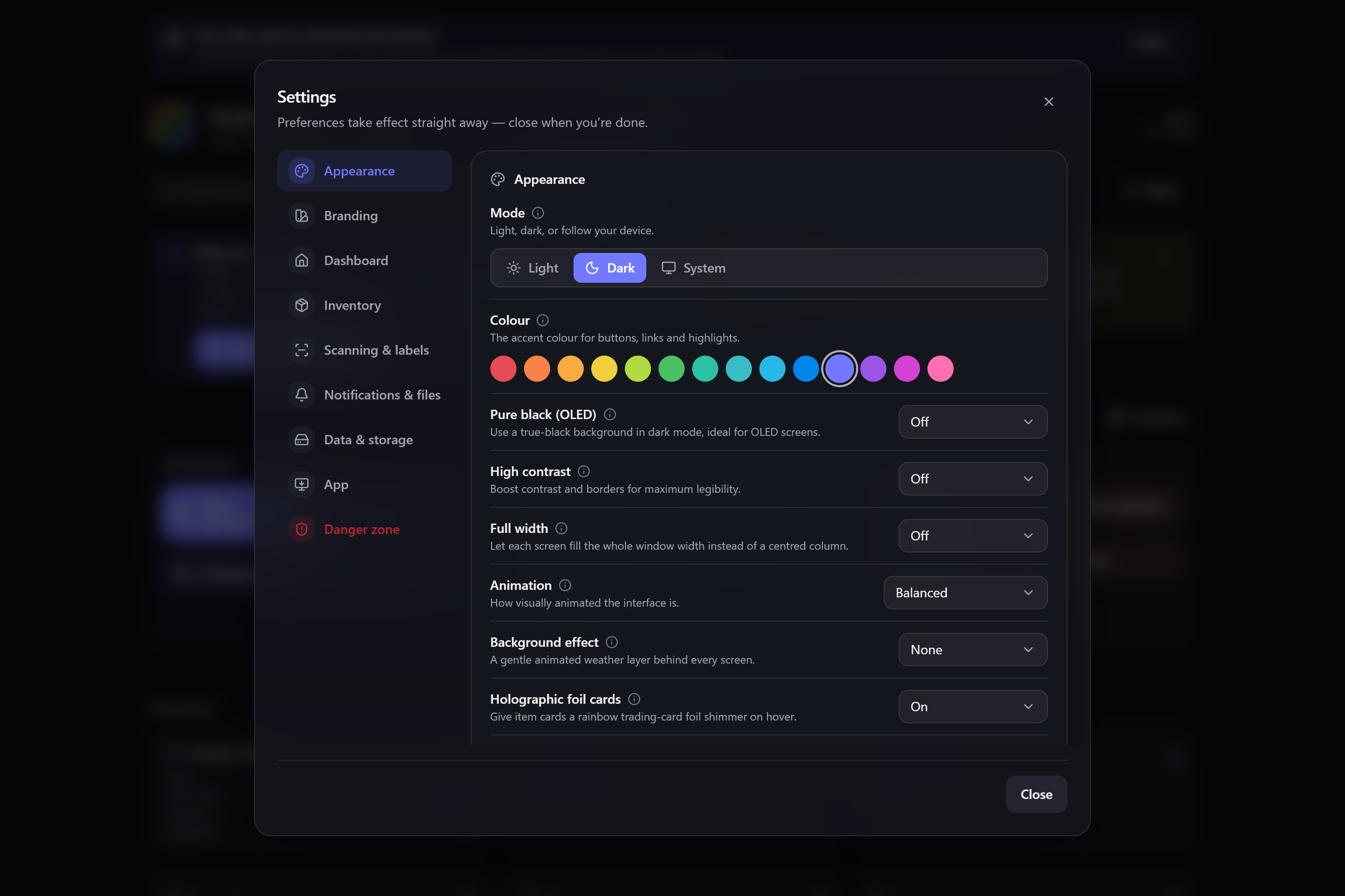 The same panel in dark mode