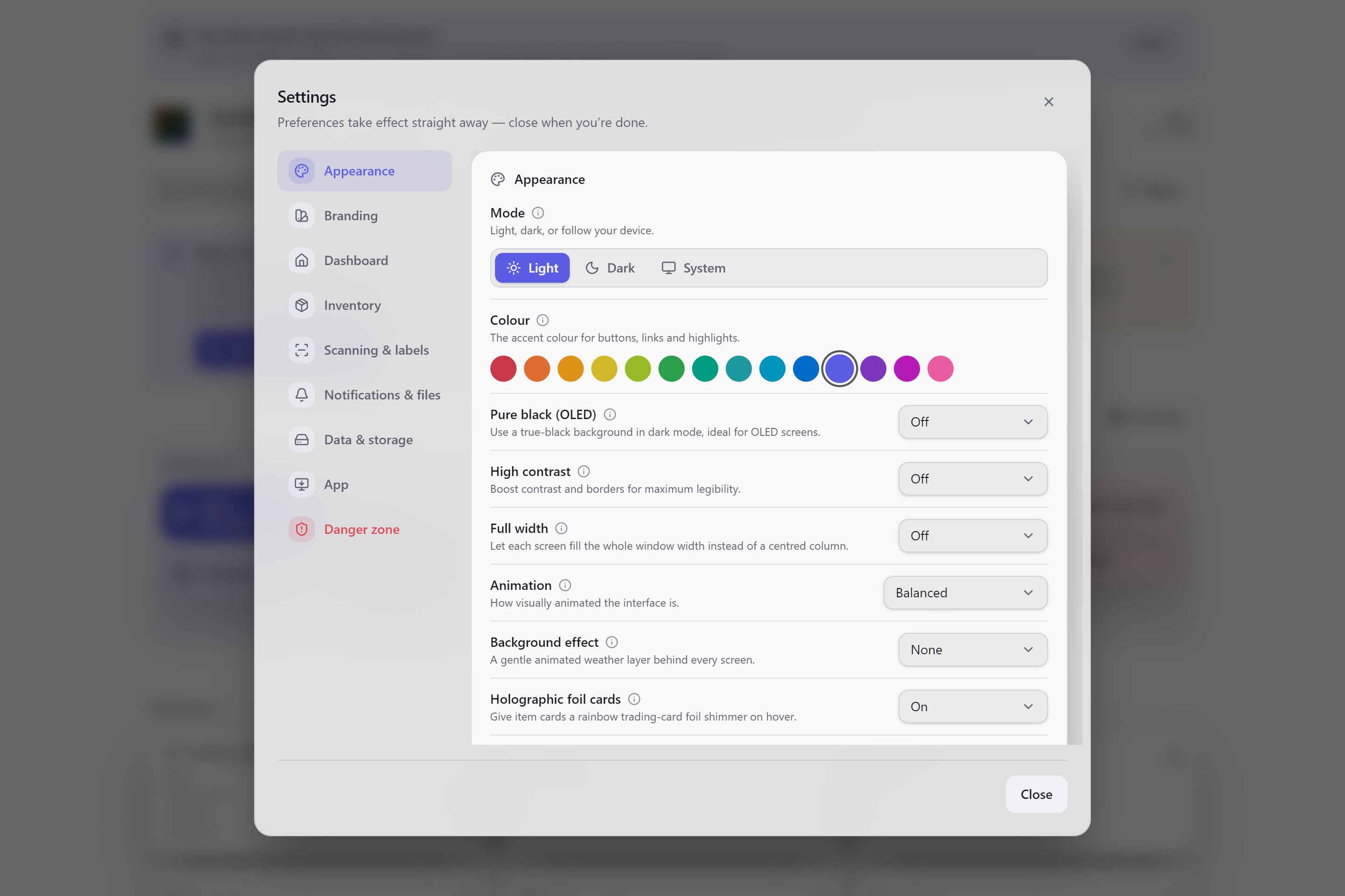 The Appearance settings in light mode