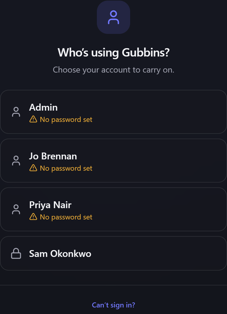 The sign-in screen: a tile for each account that can sign in