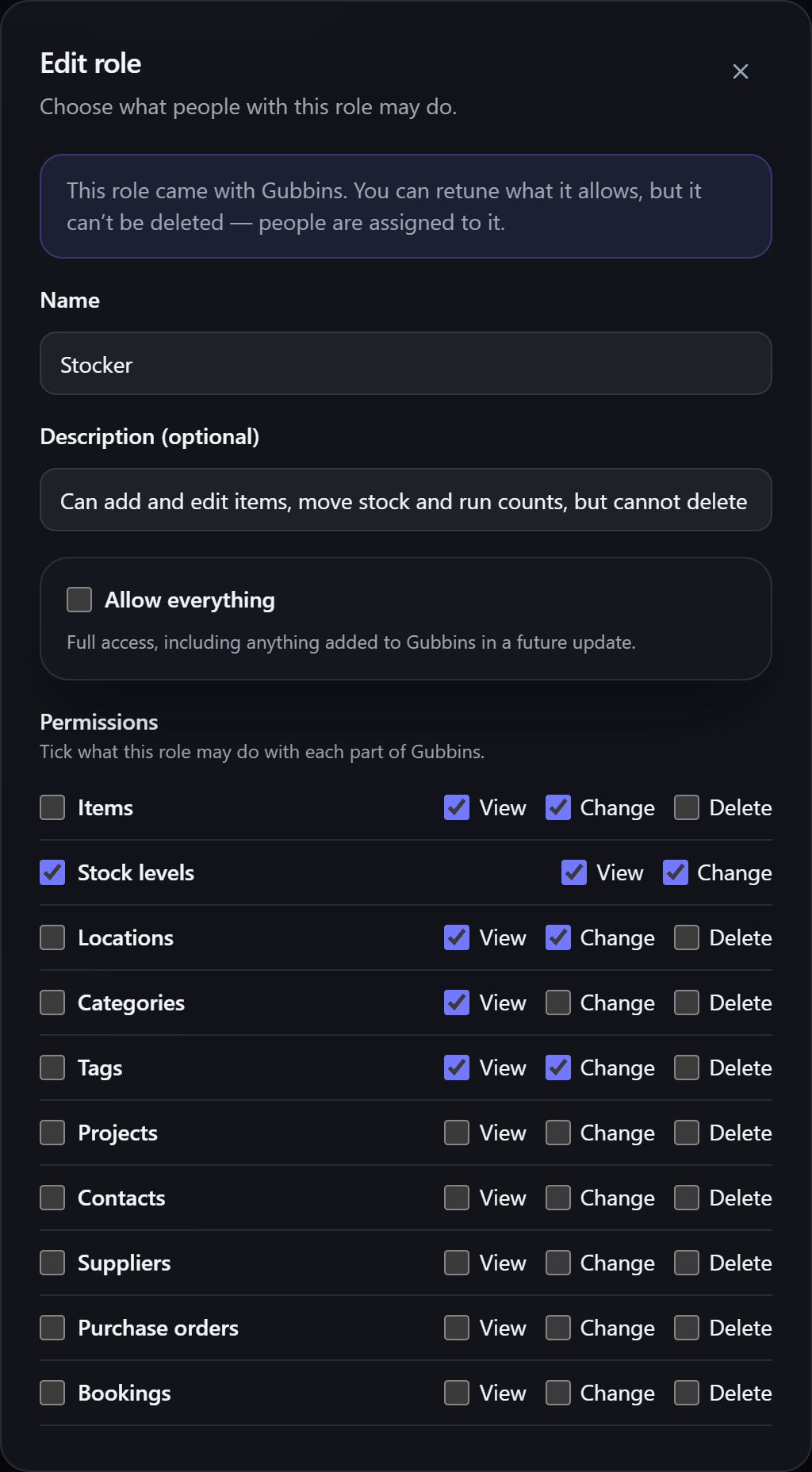 The role editor: a grid of permissions with a row per area of Gubbins and a column per action