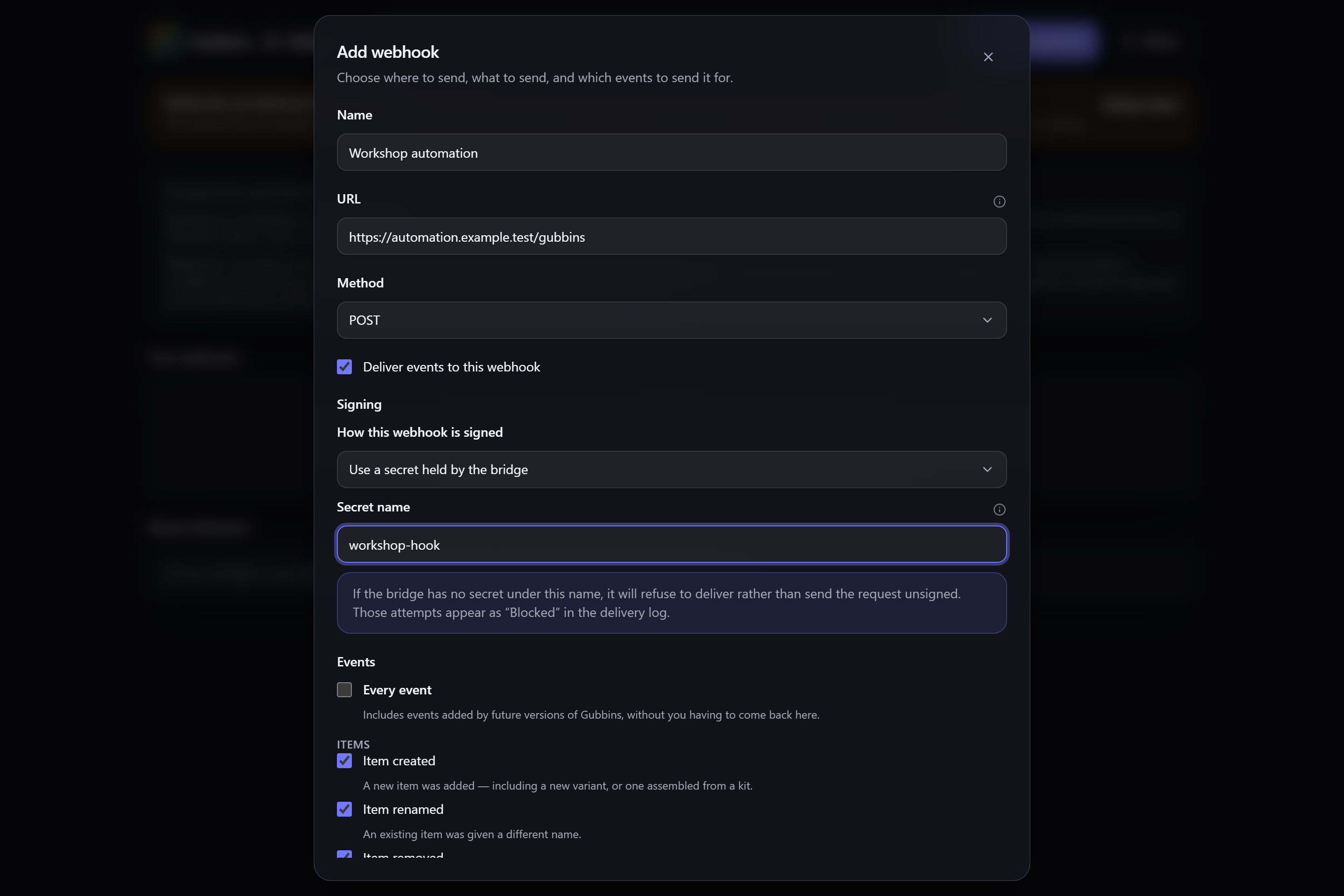 The Add-webhook dialog, showing the name, URL and method fields, the signing options, and the start of the event list