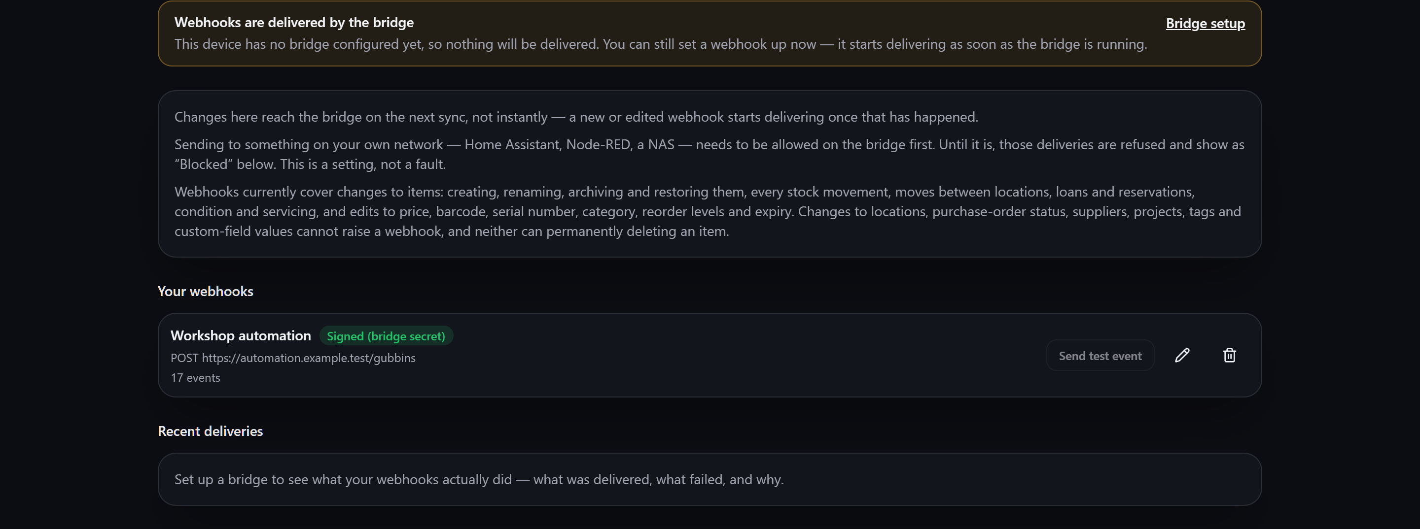 The Webhooks screen: a banner explaining that the bridge delivers, notes on sync timing and coverage, one configured webhook, and the recent-deliveries log