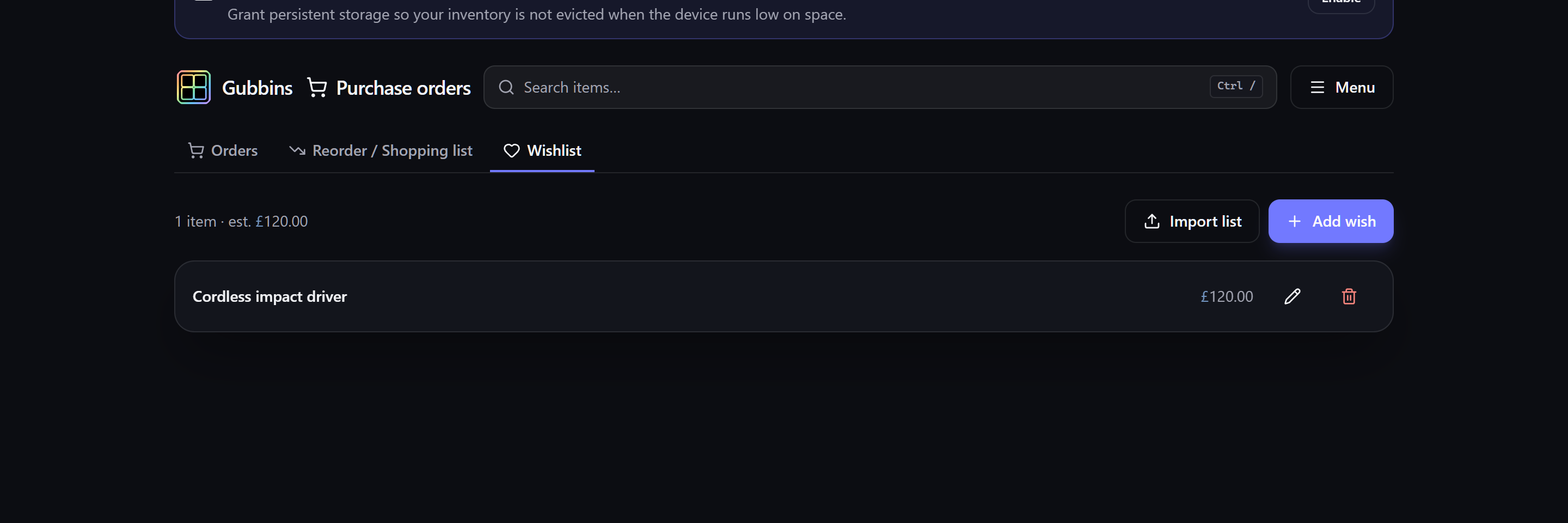 The Wishlist tab with an entry