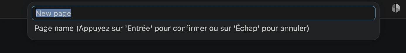 The name prompt shown when creating a page, pre-filled with "New page"