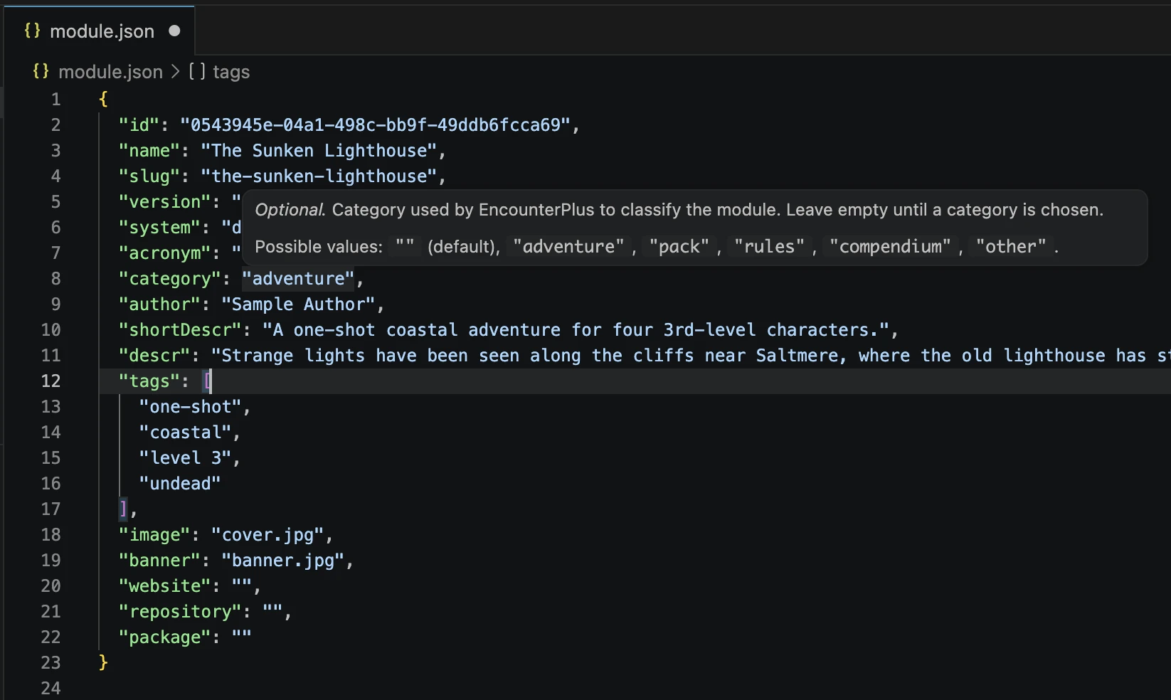 module.json with the category field's hover documentation and value list open