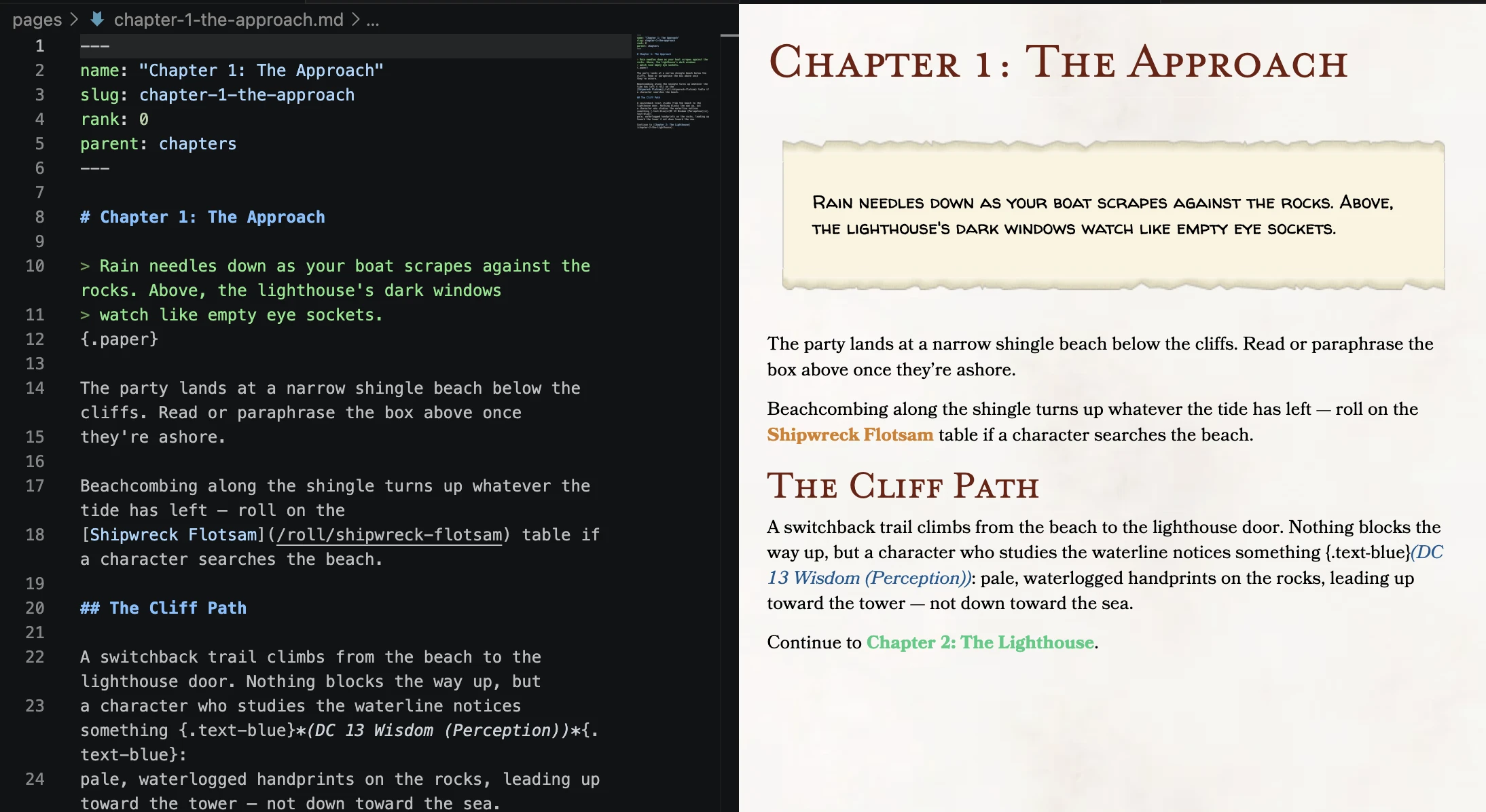 A page's Markdown source next to its live preview
